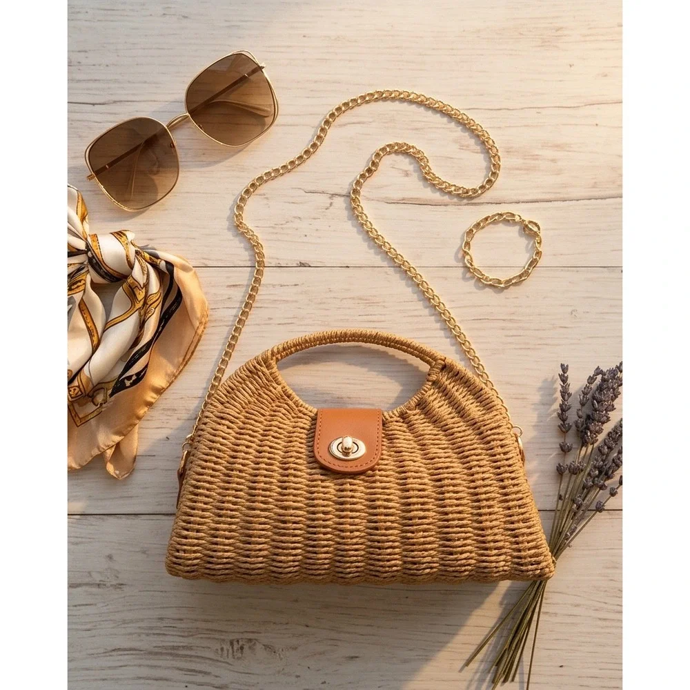 Woven Straw Crossbody Bag Tan Gold Chain Strap Turn Lock‎ Summer Beach Clutch